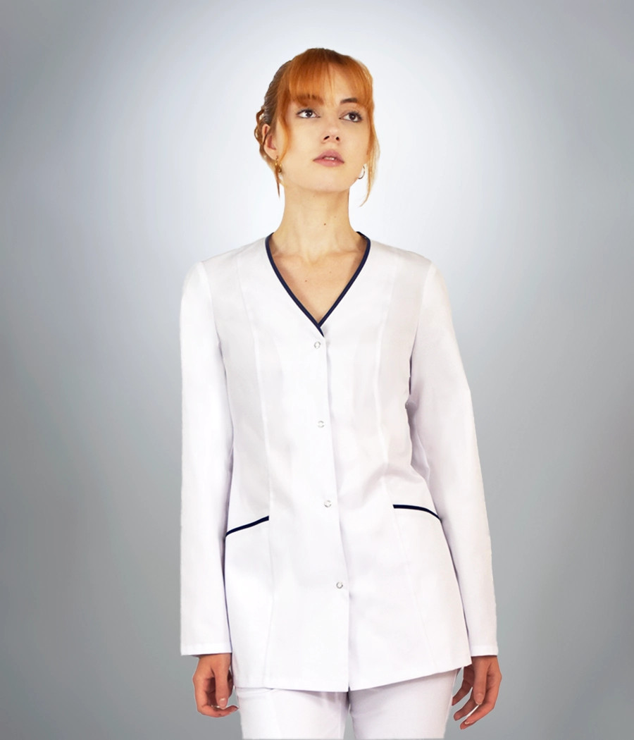 Bluza medyczna damska dekolt serek 1017 kolor tkaniny biały OP K1 i wstawki granatowy OP K14