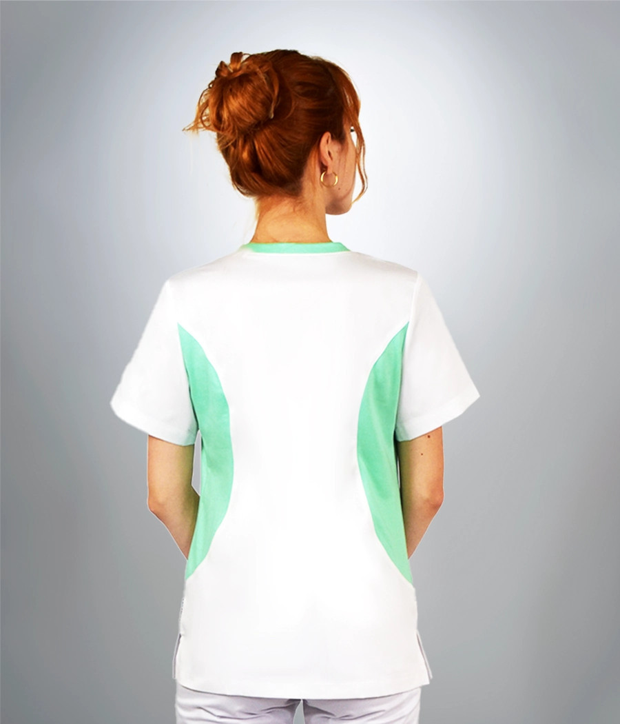 Bluza medyczna damska z wstawkami po bokach 1815 kolor tkaniny biały OP K1i wstawki seledynowy OP K5