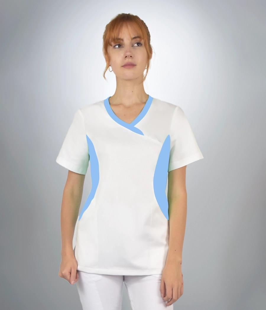 Bluza medyczna damska z wstawkami po bokach 1815 kolor tkaniny biały OP K1i wstawki  błękitny OP K7