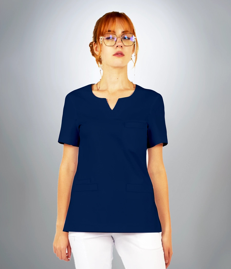 Bluza scrub medyczna damska dekolt okrągły z rozcięciem 1819 w kolorze granatowym CS K14