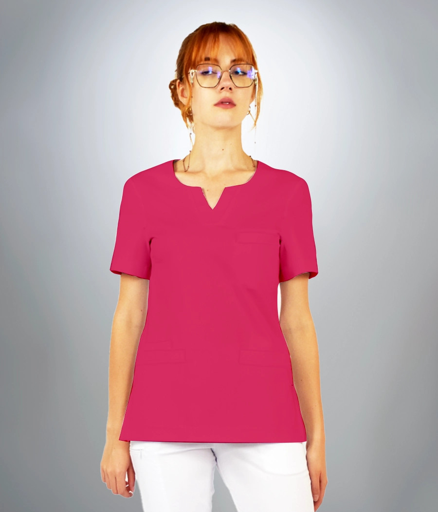 Bluza scrub medyczna damska dekolt okragły z rozcięciem 1819 w kolorze ciemnej fuksji CS K33