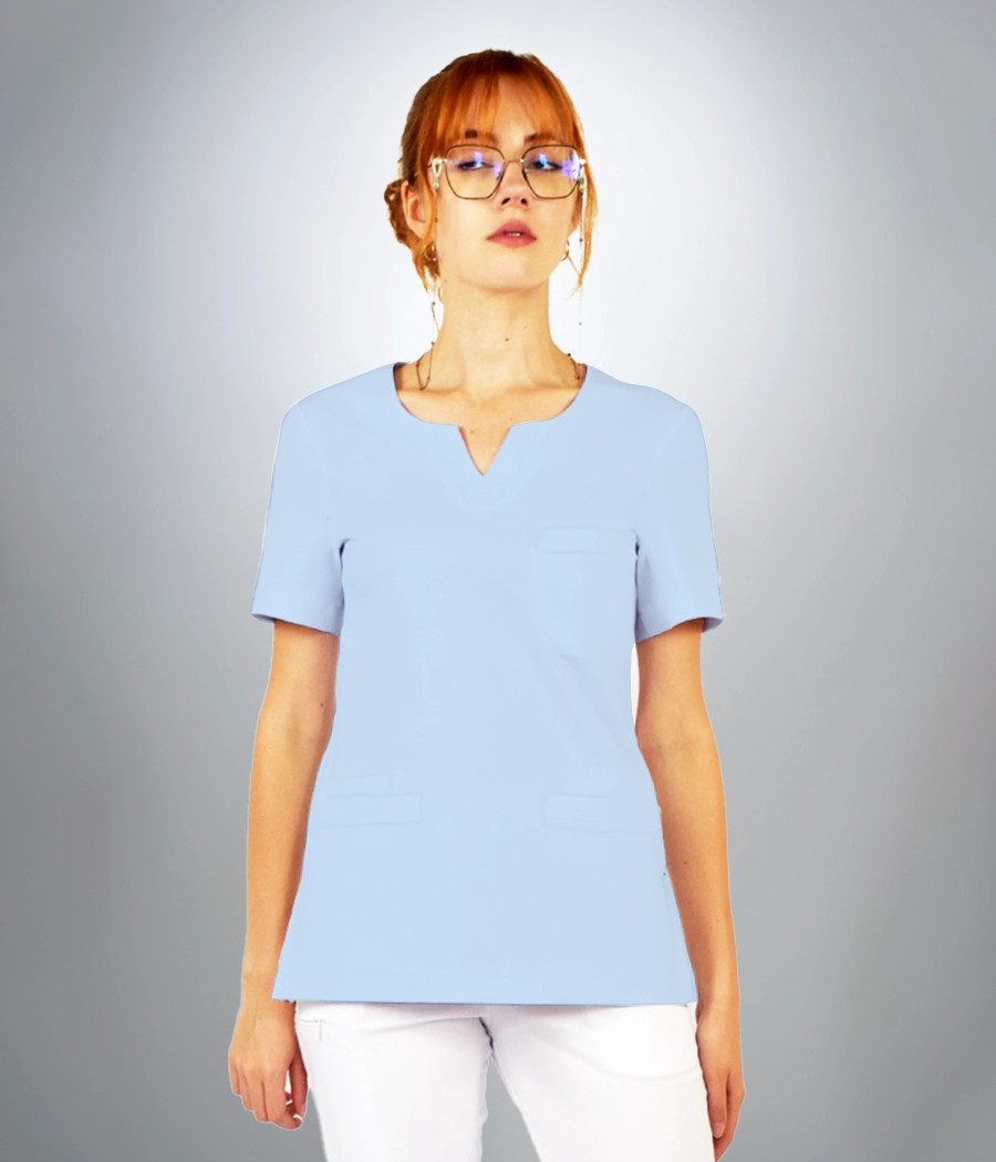 Bluza scrub medyczna damska dekolt okrągły z rozcięciem 1819 w kolorze błękitnym CS K7