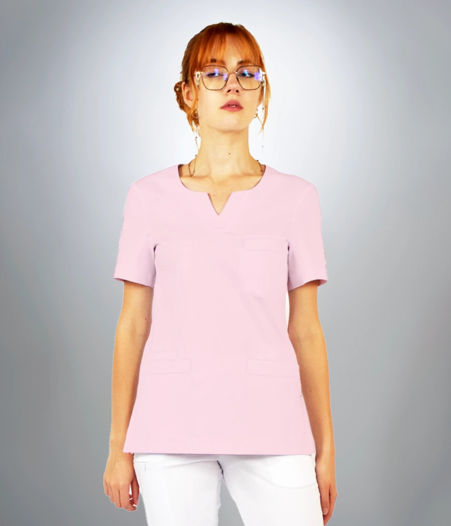 Bluza scrub medyczna damska dekolt okragły z rozcięciem 1819 w kolorze różowym CS K3