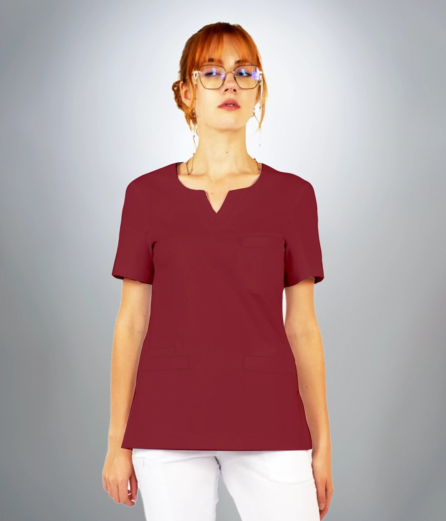 Bluza scrub medyczna damska dekolt okragły z rozcięciem 1819 w kolorze bordowym CS K9