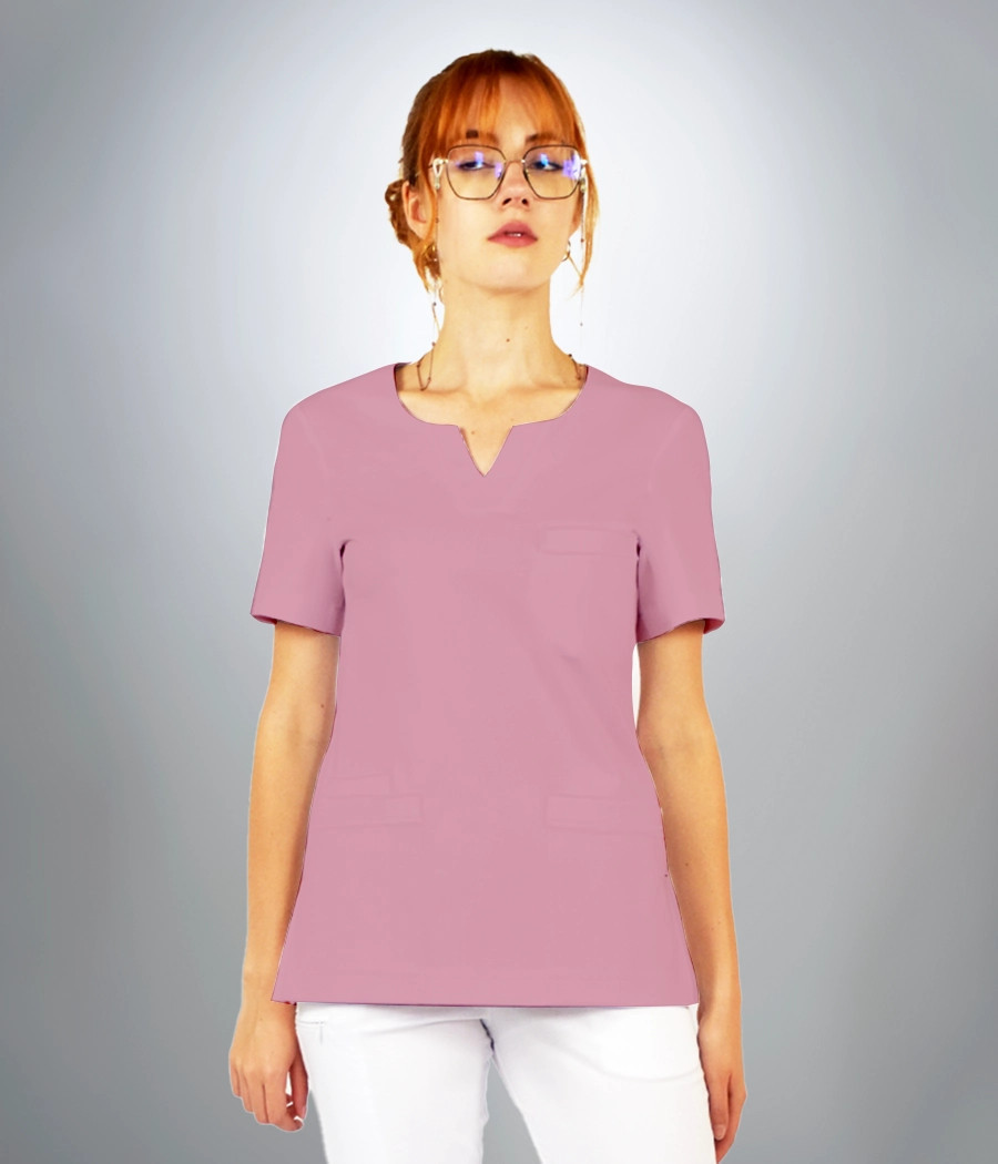 Bluza scrub medyczna damska dekolt okragły z rozcięciem 1819 w kolorze ciemnego różu CS K39