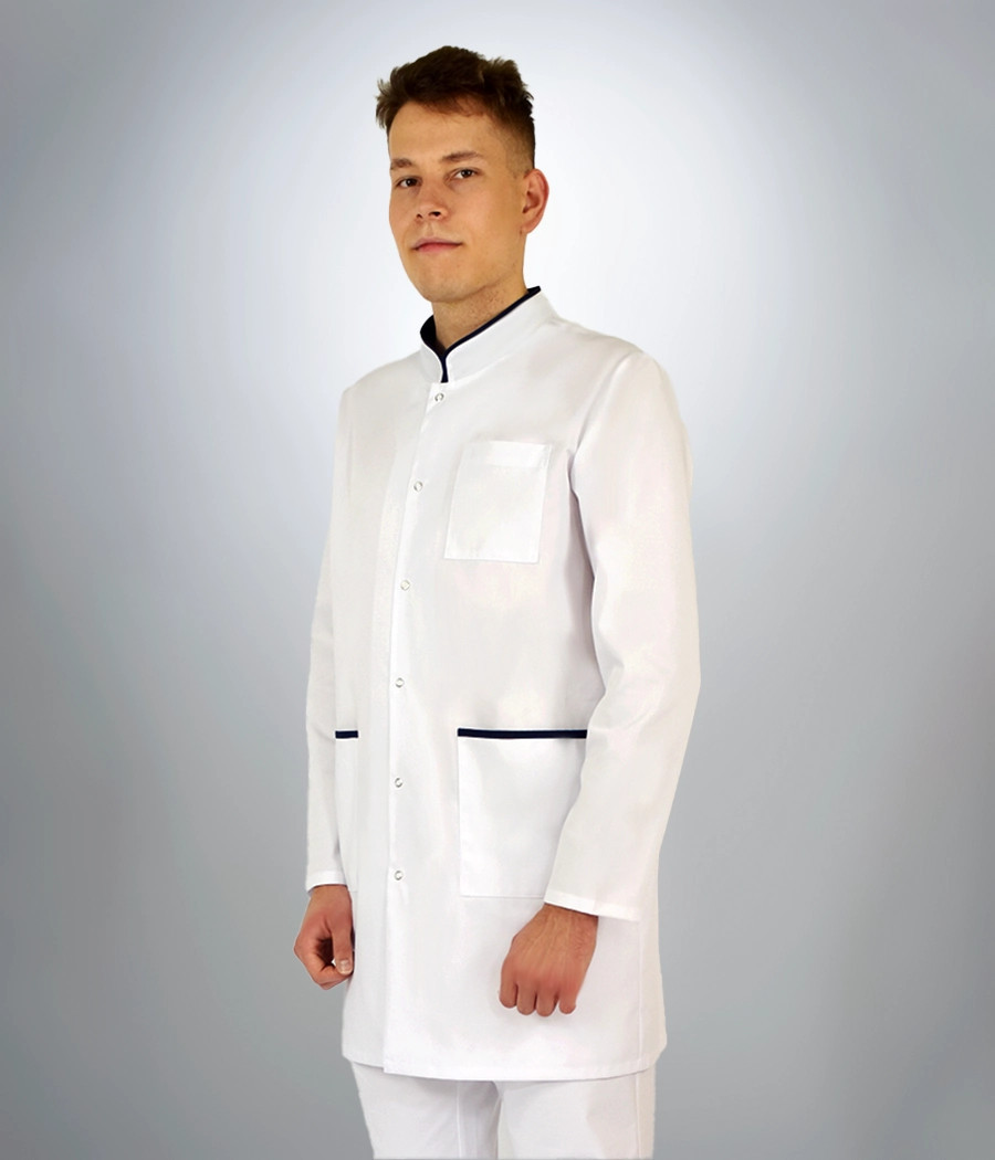 Fartuch medyczny męski 2015 kolor tkaniny biały OP K1 i kolor wstawki granatowy OP K14