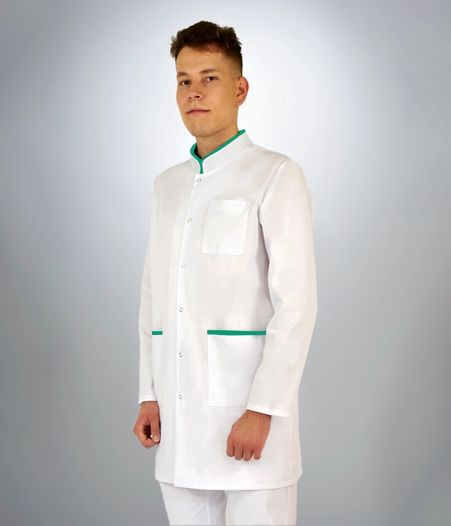 Fartuch medyczny męski 2015 kolor tkaniny biały OP K1 i kolor wstawki zielony OP K6