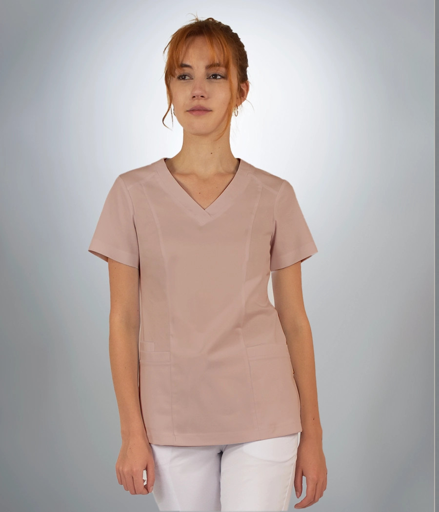 Bluza scrub medyczna damska z karczkiem i podłużne cięcia 1820 w kolorze beżowym CS K19