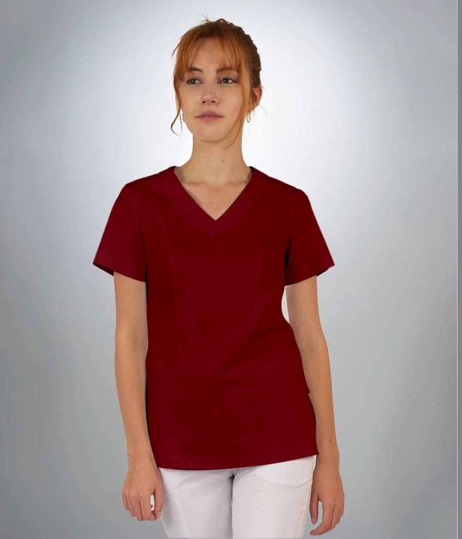 Bluza scrub medyczna damska z karczkien i podłużne cięcia 1820 w kolorze bordowym CS K9