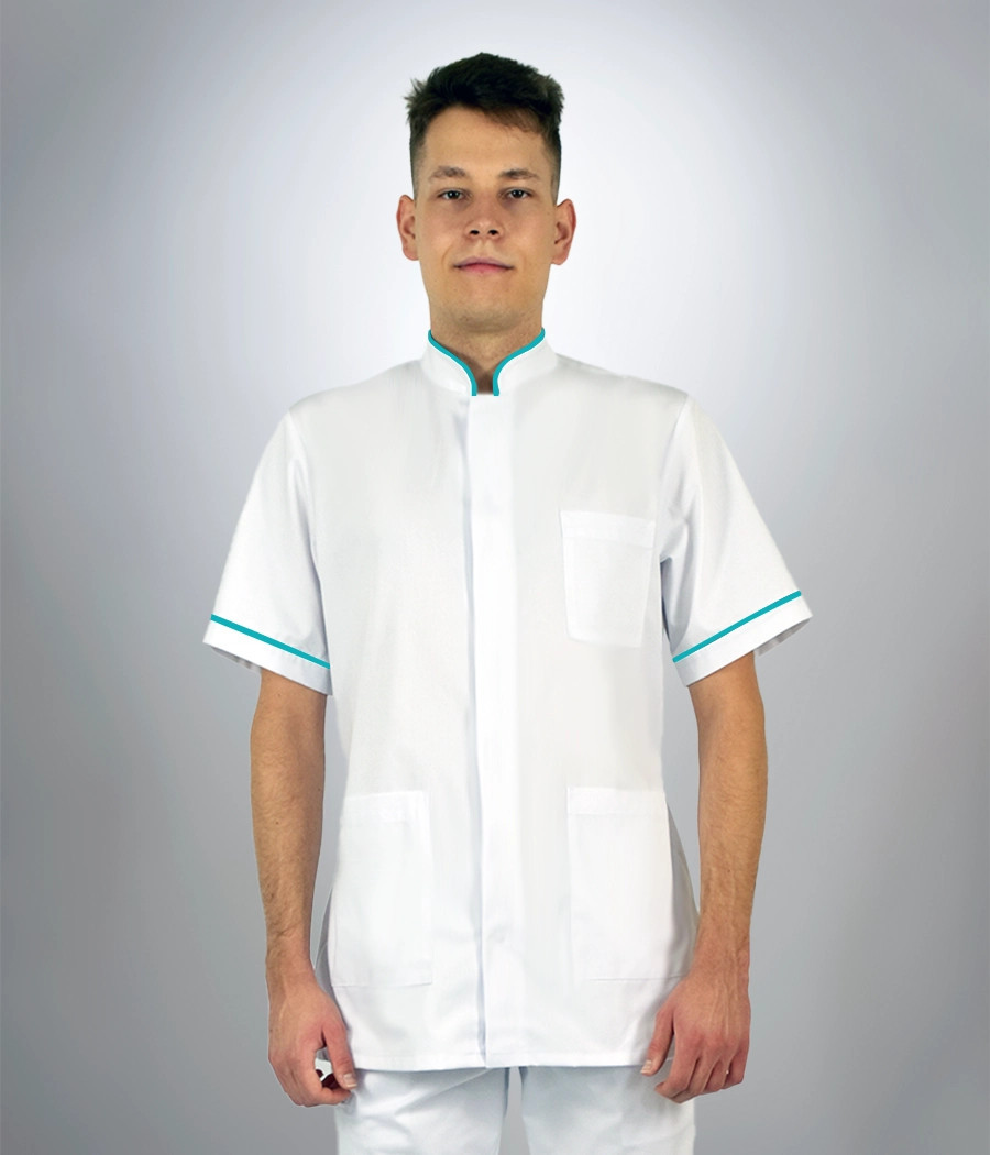Bluza medyczna męska stójka z krytym zapięciem 3009 kolor tkaniny biały OP K1 i kolor wstawki turkusowy ST K29