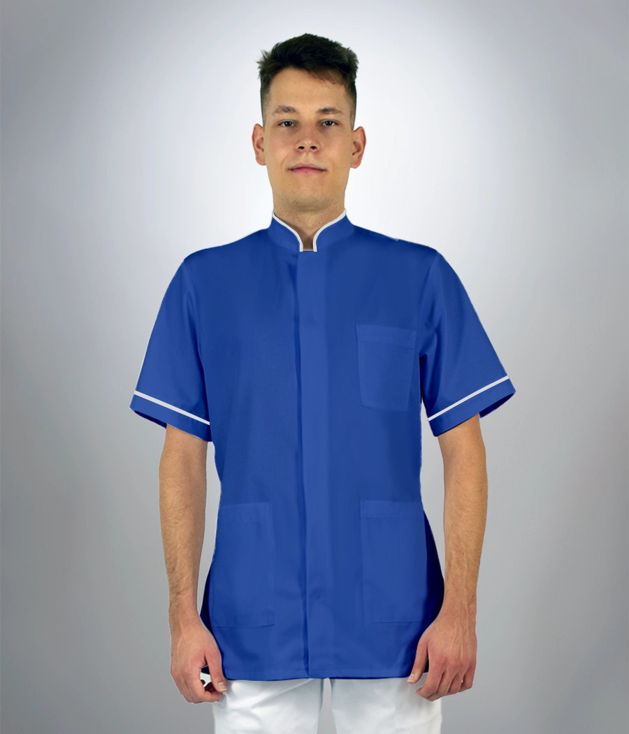 Bluza medyczna męska stójka z krytym zapięciem 3009 kolor tkaniny chabrowy OP K8
i kolor wstawki szary OP K2