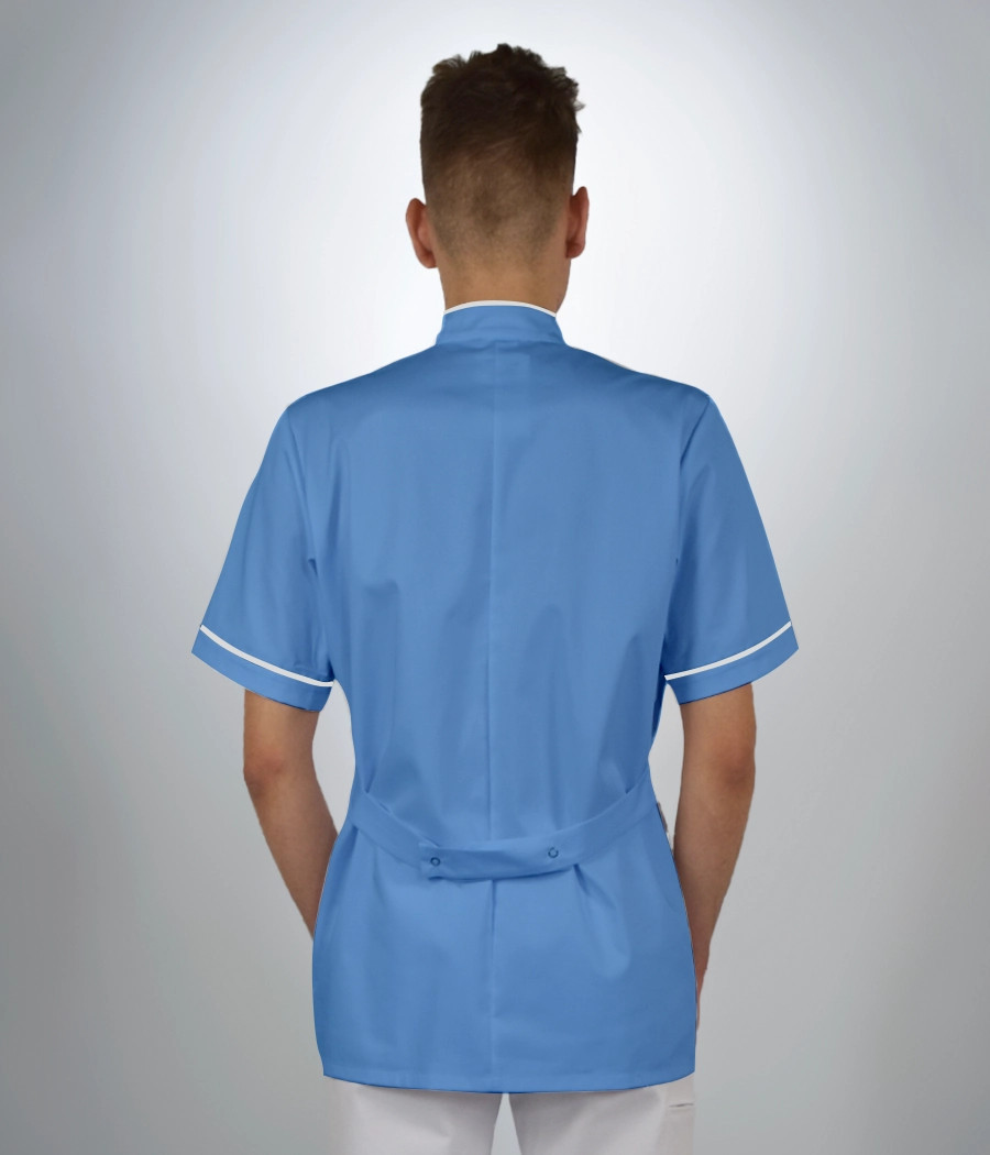 Bluza medyczna męska stójka z krytym zapięciem 3009 kolor tkaniny błękitny OP K7
 i kolor biały OP K1