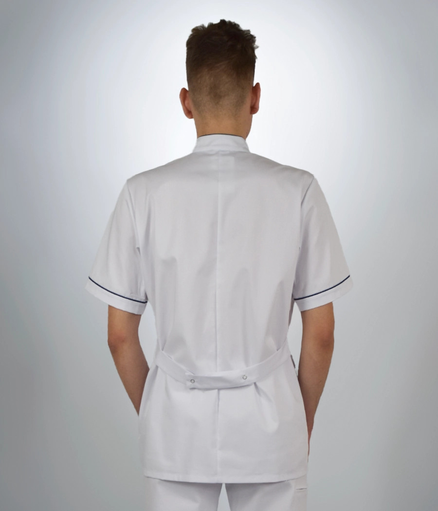 Bluza medyczna męska stójka z krytym zapięciem 3009 kolor tkaniny biały OP K1
 i kolor wstawki granatowy OP K14