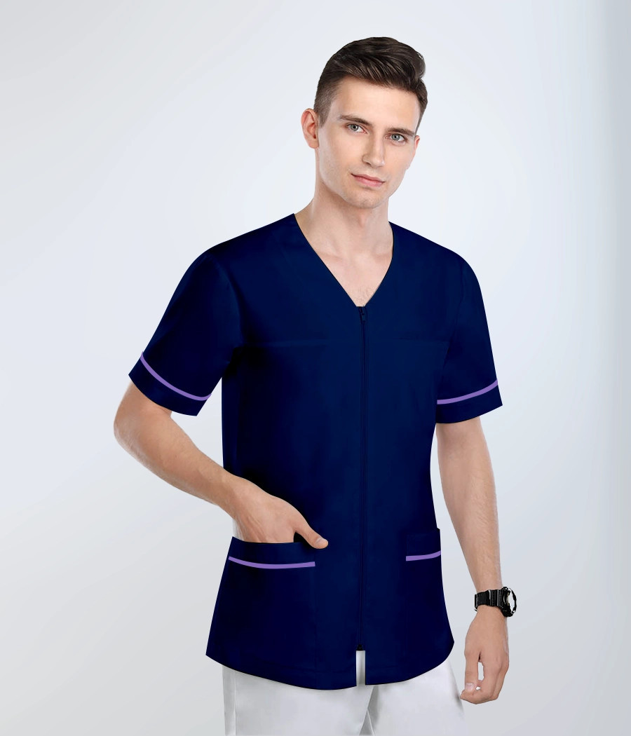 Bluza medyczna męska w szpic na zamek 3016 kolor tkaniny granatowy OP K14 i kolor wstawki fioletowy OP K22