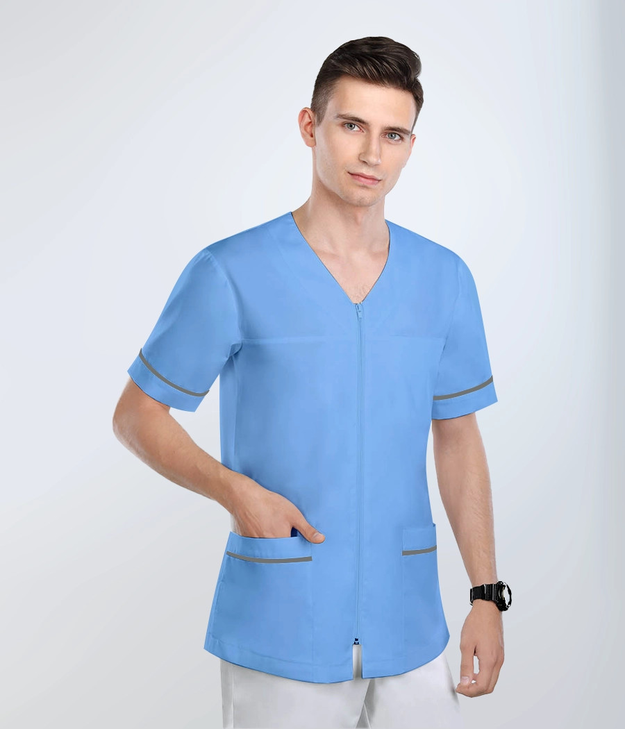 Bluza medyczna męska w szpic na zamek 3016 kolor tkaniny błękitny OP K7
 i kolor wstawki grafitowy ST K35