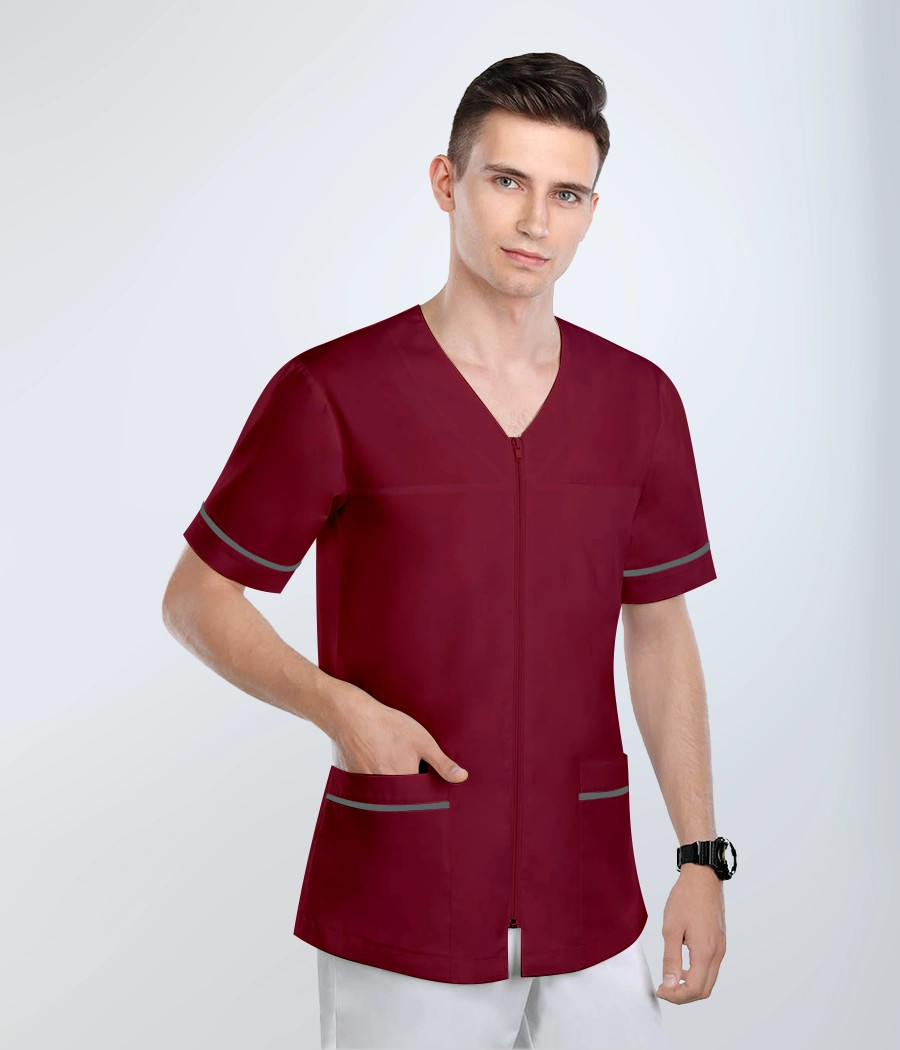 Bluza medyczna męska w szpic na zamek 3016 kolor tkaniny  bordowy OP K9
i kolor wstawki grafitowy ST K35