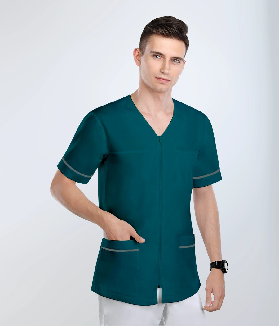 Bluza medyczna męska w szpic na zamek 3016 kolor tkaniny morski OP K16
i kolor wstawki grafitowy ST K35