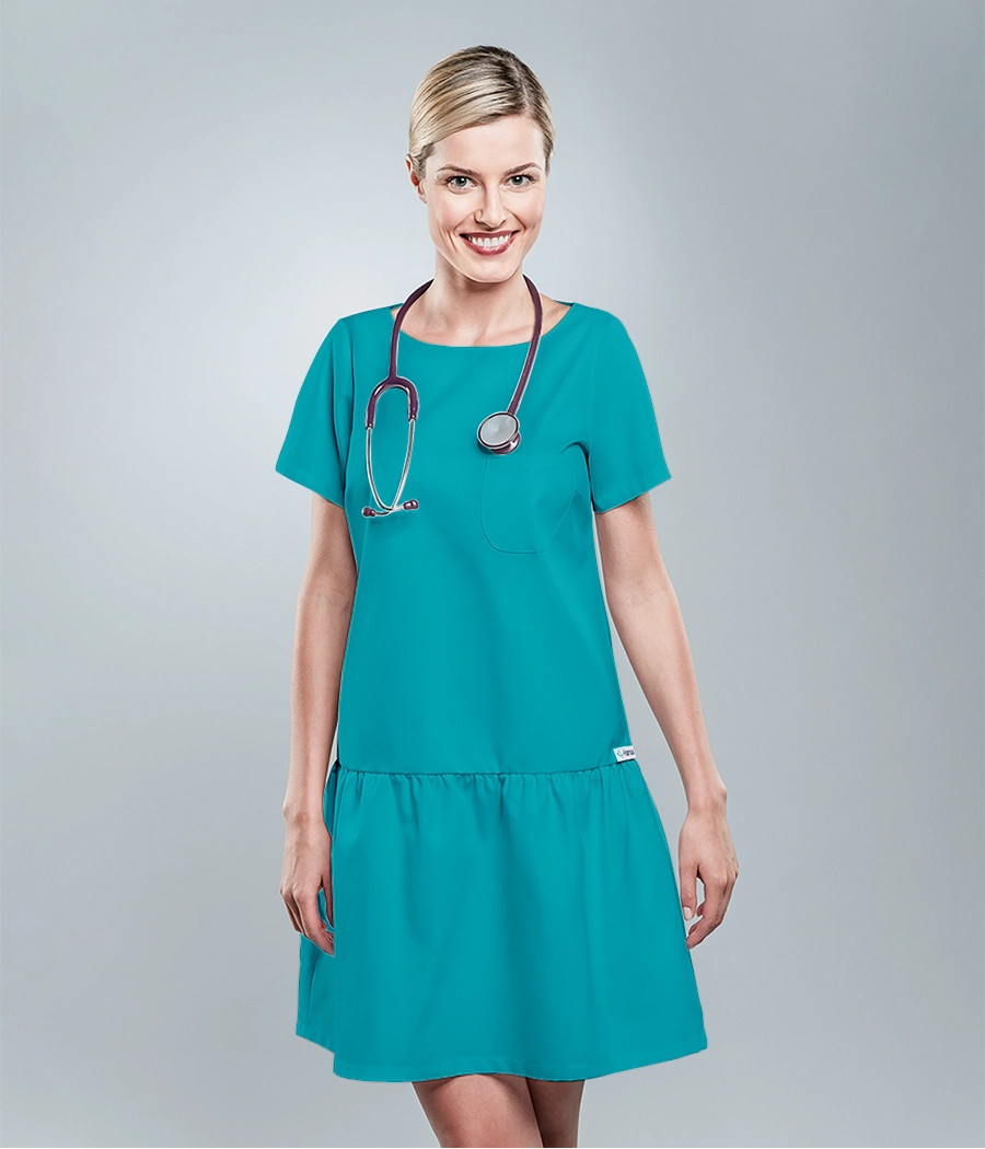 Sukienka medyczna damska z falbanką 0207 w kolorze turkusowym ST K29