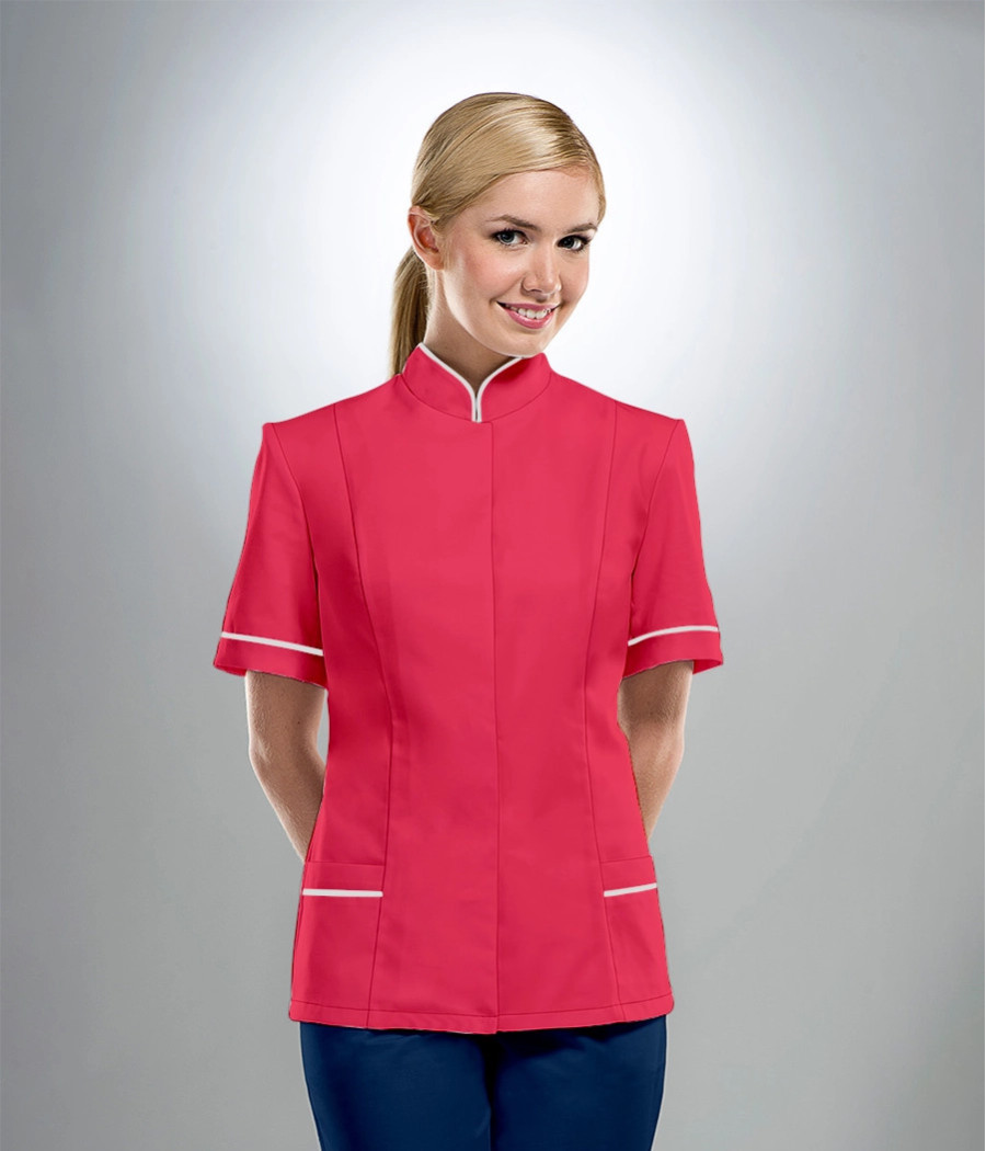 Bluza medyczna damska z krytą plisą ze stójką 1026 tkanina w kolorze  ciemnej fuksji ST K33 i wstawki w kolorze  szarym OP K2