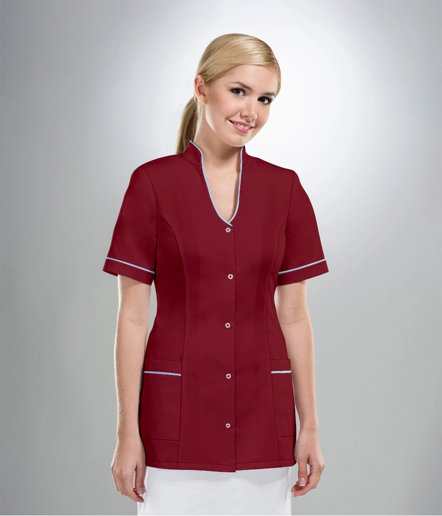 Bluza medyczna damska stójka i dekolt łezka 1027  tkanina w kolorze  kolorze  bordowym OP K9 i wstawki w kolorze  szarym OP K2
