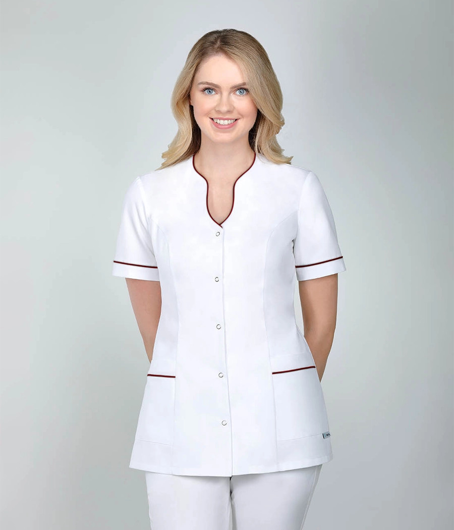 Bluza medyczna damska dekolt łezka 1037  tkanina w kolorze  białym OP K1
 i wstawki w kolorze  granatowym OP K14