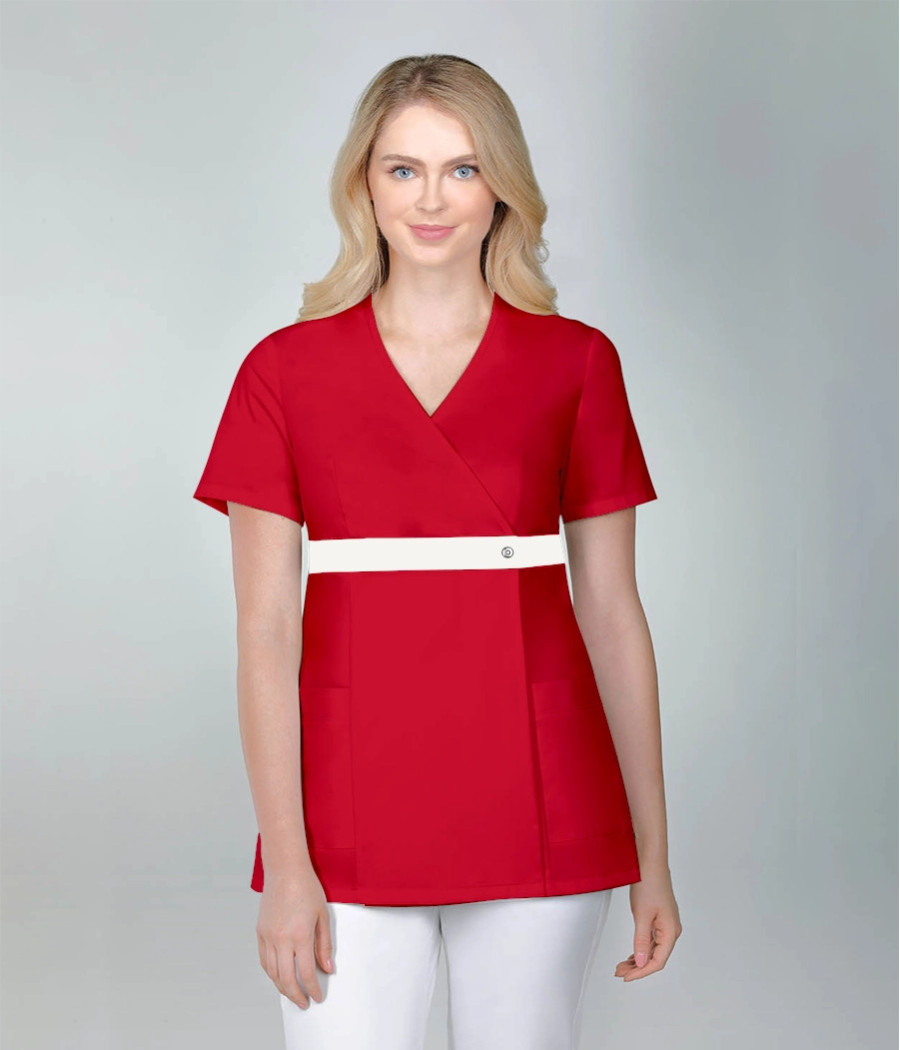 Bluza medyczna damska kopertowa z kontrastem 1513  tkanina w kolorze  czerwonym OP K10 i wstawka w kolorze  białym OP K1