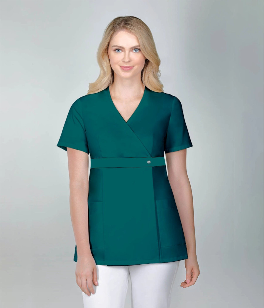 Bluza medyczna damska kopertowa z kontrastem 1513  tkanina w kolorze  morskim OP K16 i wstawka w kolorze  morskim OP K16