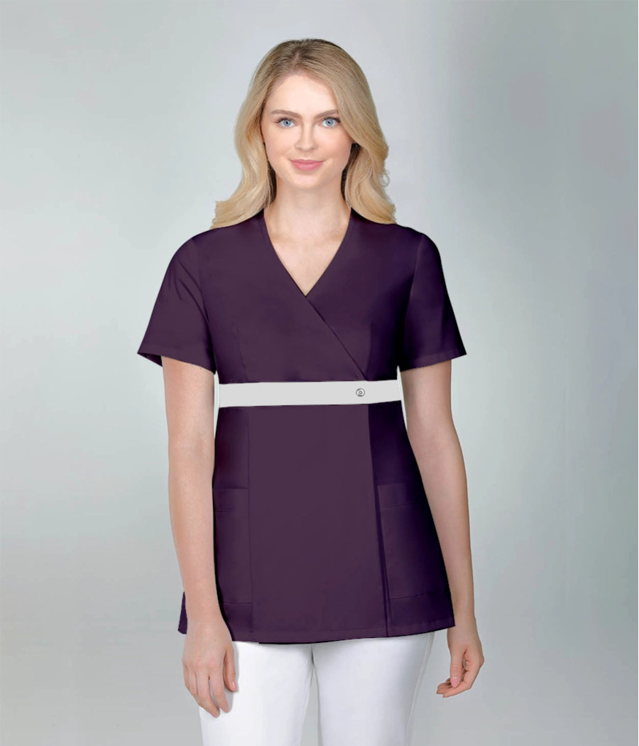 Bluza medyczna damska kopertowa z kontrastem 1513  tkanina w kolorze  śliwkowym OP K21 i wstawka w kolorze  szarym OP K2