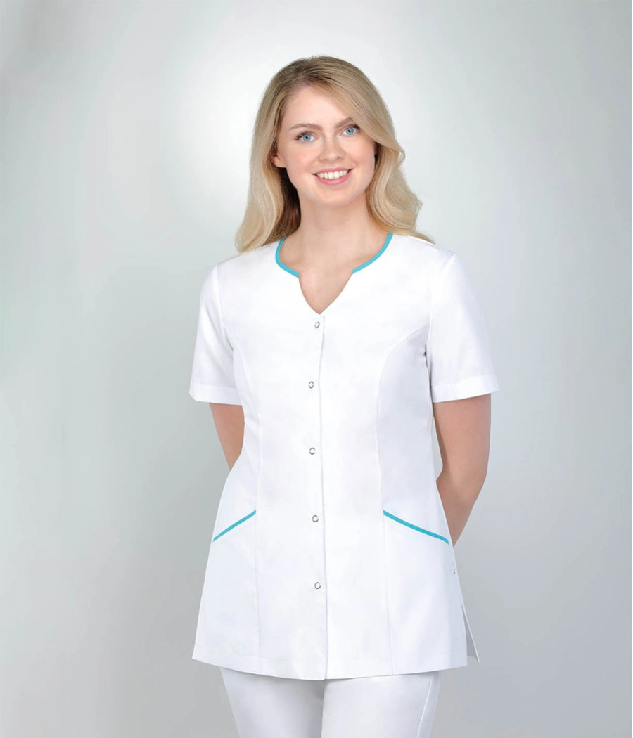 Bluza medyczna damska dekolt łezka z lamówkami 1523 tkanina w kolorze  białym OP K1 i wstawki w kolorze  turkusowym ST K29