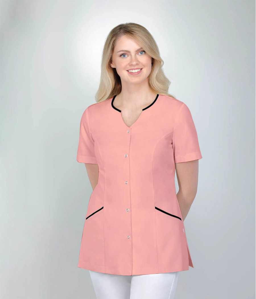 Bluza medyczna damska dekolt łezka z lamówkami 1523 tkanina w kolorze morelowym OP K13 i wstawki w kolorze  granatowym OP K14