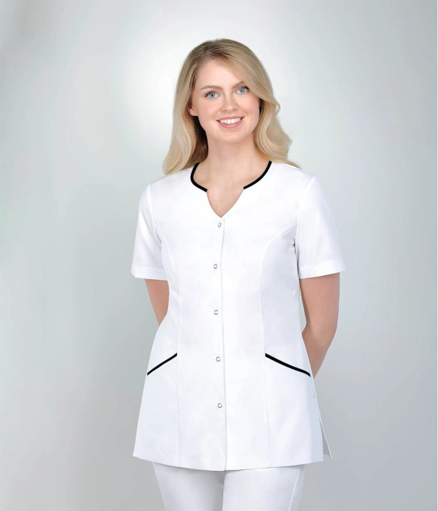 Bluza medyczna damska dekolt łezka z lamówkami 1523 tkanina w kolorze  białym OP K1 i wstawki w kolorze  granatowym OP K14