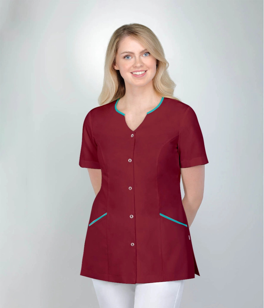 Bluza medyczna damska dekolt łezka z lamówkami 1523 tkanina w kolorze  bordowym OP K9 i wstawki w seledynowym OP K5