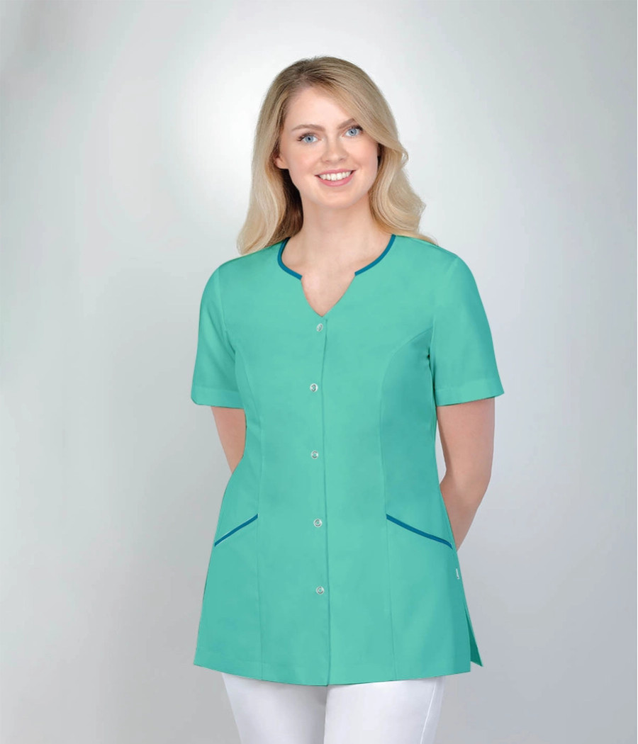 Bluza medyczna damska dekolt łezka z lamówkami 1523 tkanina w kolorze miętowym ST K28 i wstawki w kolorze  turkusowym ST K29