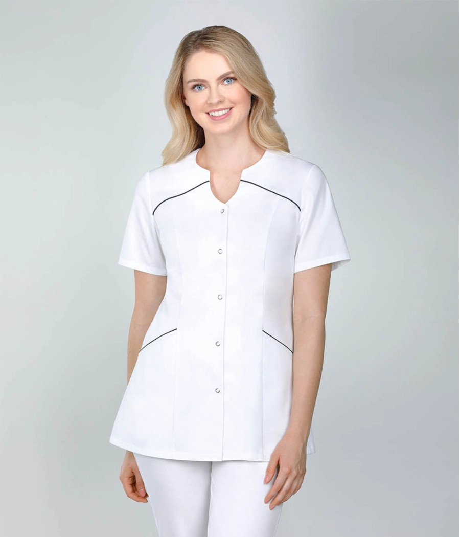Bluza medyczna damska skośne cięcia bez stójki 1526  tkanina w kolorze  białym OP K1 i wstawki  w kolorze  granatowym OP K14