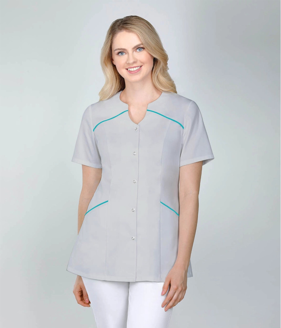 Bluza medyczna damska skośne cięcia bez stójki 1526  tkanina w kolorze  szarym OP K2 i wstawki  w kolorze  turkusowym ST K29