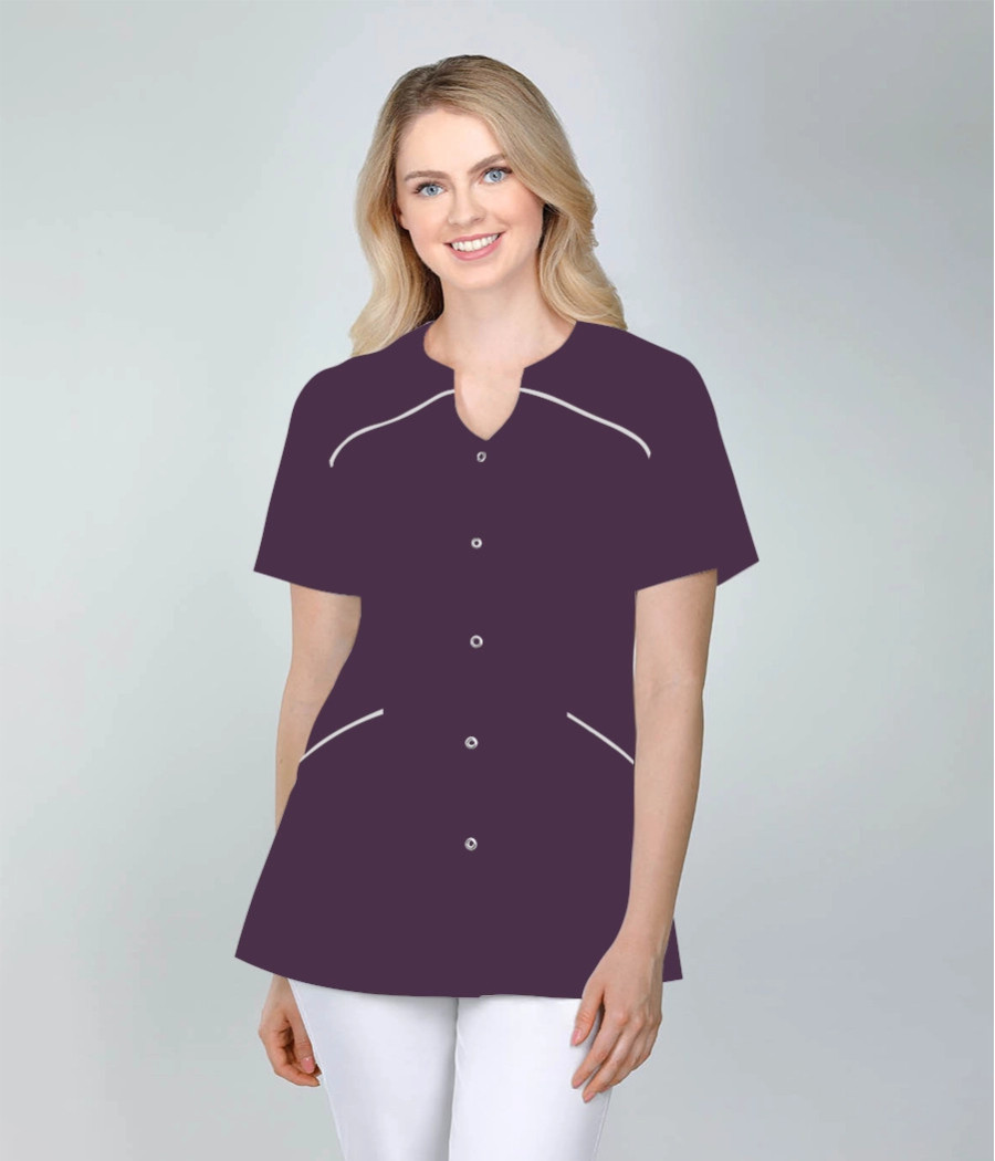 Bluza medyczna damska skośne cięcia bez stójki 1526  tkanina w kolorze  śliwkowym OP K21 i wstawki  w kolorze szarym OP K2