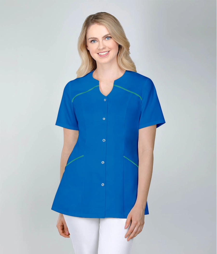 Bluza medyczna damska skośne cięcia bez stójki 1526  tkanina w kolorze kobaltowym ST K30 i wstawki  w kolorze zielonym OP K6