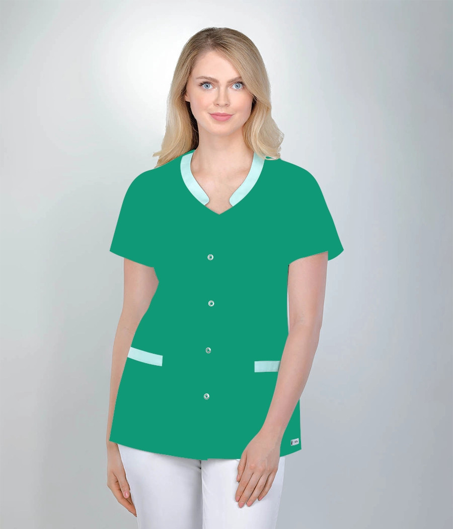 Bluza medyczna damska w serek z pliską 1527 tkanina w kolorze zielonym OP K6 i wstawki w kolorze seledynowym OP K5