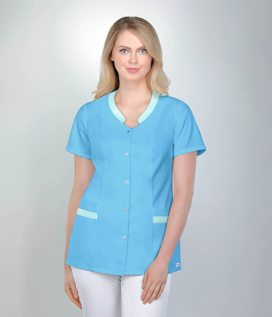 Bluza medyczna damska w serek z pliską 1527 tkanina w kolorze  lazurowym OP K15 i wstawki w kolorze seledynowym OP K5