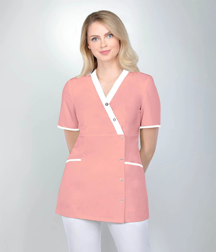 Bluza medyczna damska 1529 tkanina w kolorze morelowym OP K13
i wstawki w kolorze  białym OP K1