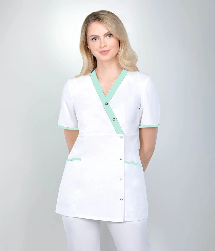Bluza medyczna damska 1529 tkanina w kolorze białym OP K1 i wstawki w kolorze seledynowym OP K5