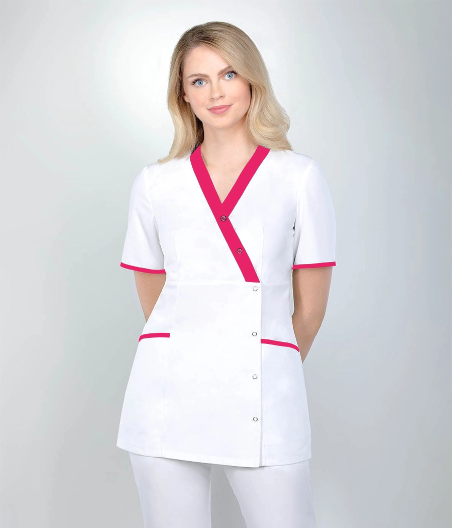 Bluza medyczna damska 1529 tkanina w kolorze białym OP K1 i wstawki w kolorze ciemnej fuksji ST K33
