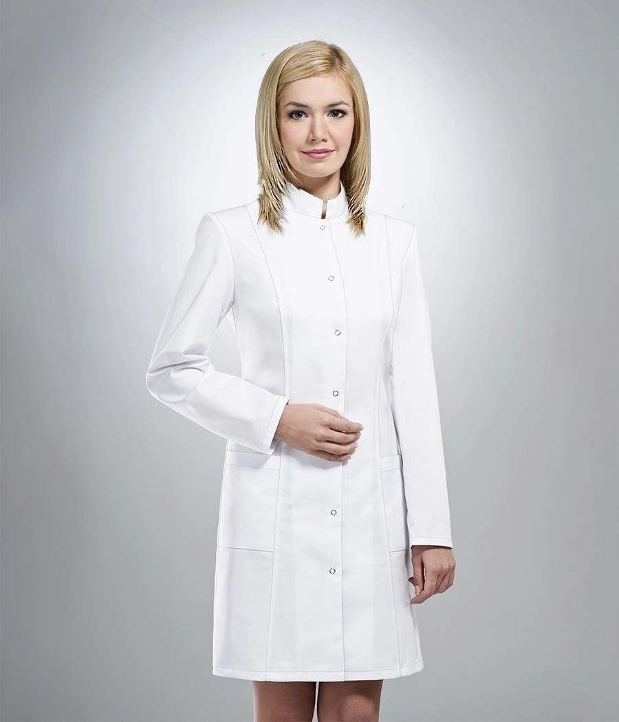Fartuch medyczny damski kołnierz stójka 0018 w kolorze białym OP K1
