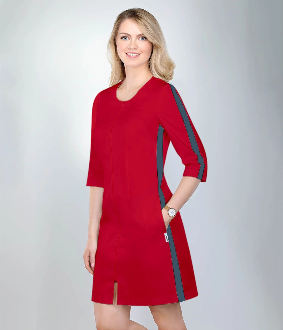 Sukienka medyczna damska z lampasami 0216 tkanina kolorze czerwonym OP K10 i wstawki kolorze  granatowym OP K14