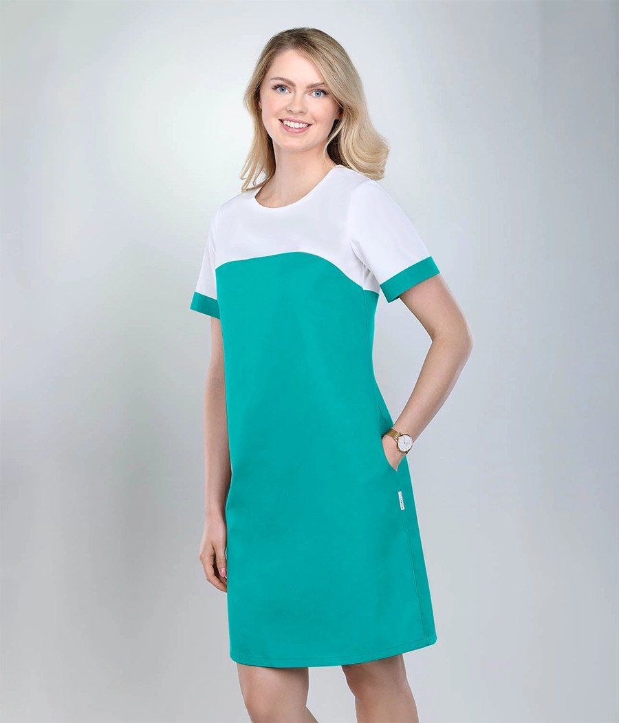 Sukienka medyczna damska dwukolorowa 0217 tkanina w  kolorze  turkusowym ST K29, góra w kolorze  białym OP K1