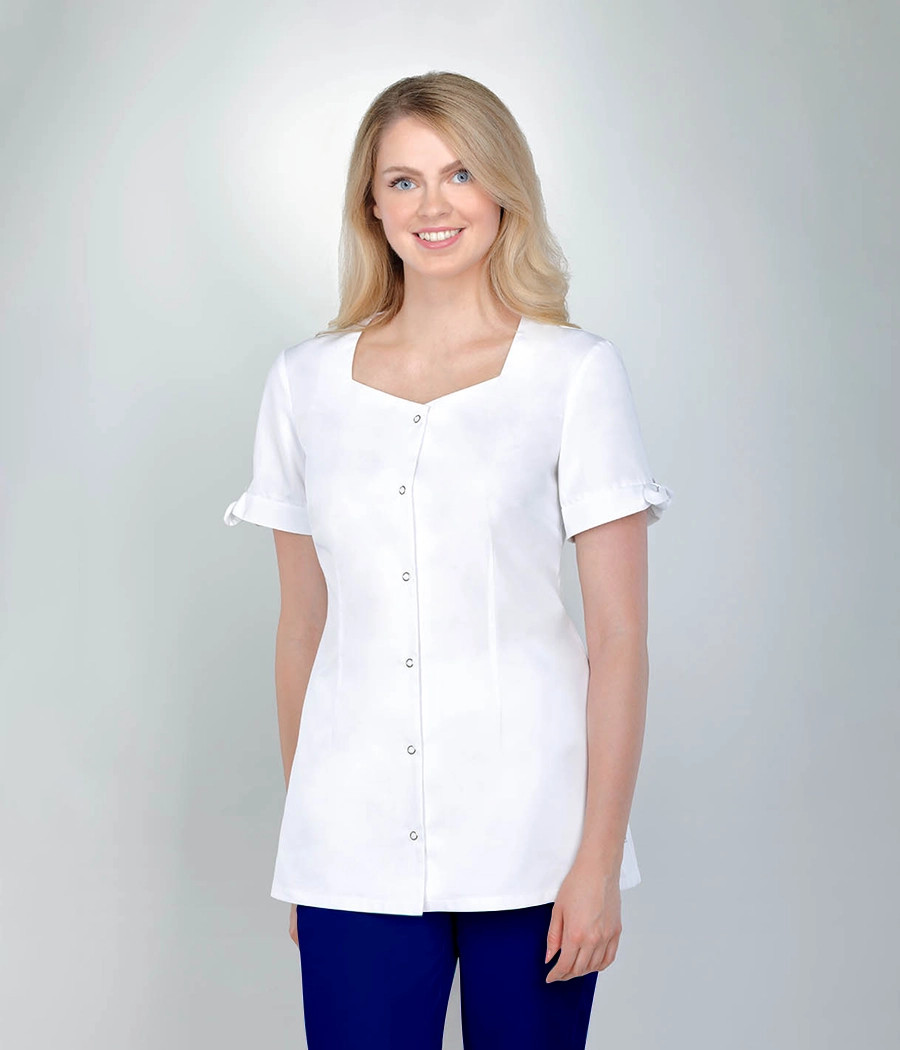 Bluza medyczna damska ozdobne wiązania 1519 w kolorze białym OP K1