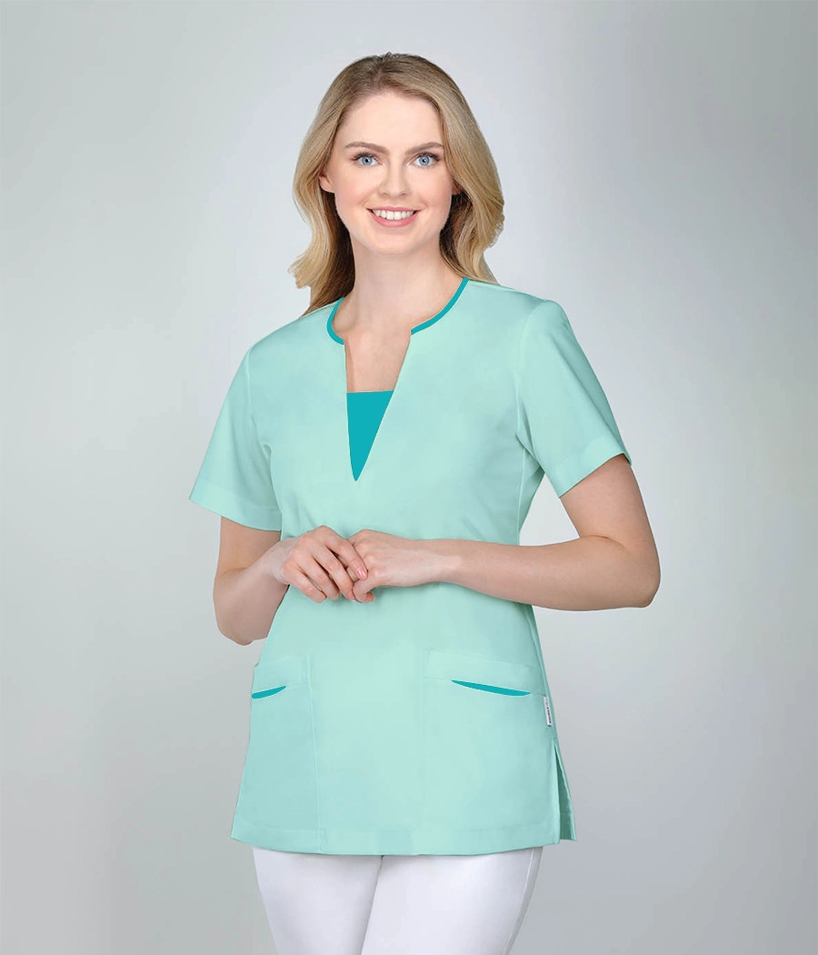 Bluza medyczna damska z ozdobnymi wstawkami 1809 tkanina w kolorze  seledynowym OP K5 i wstawki w kolorze turkusowym ST K29
