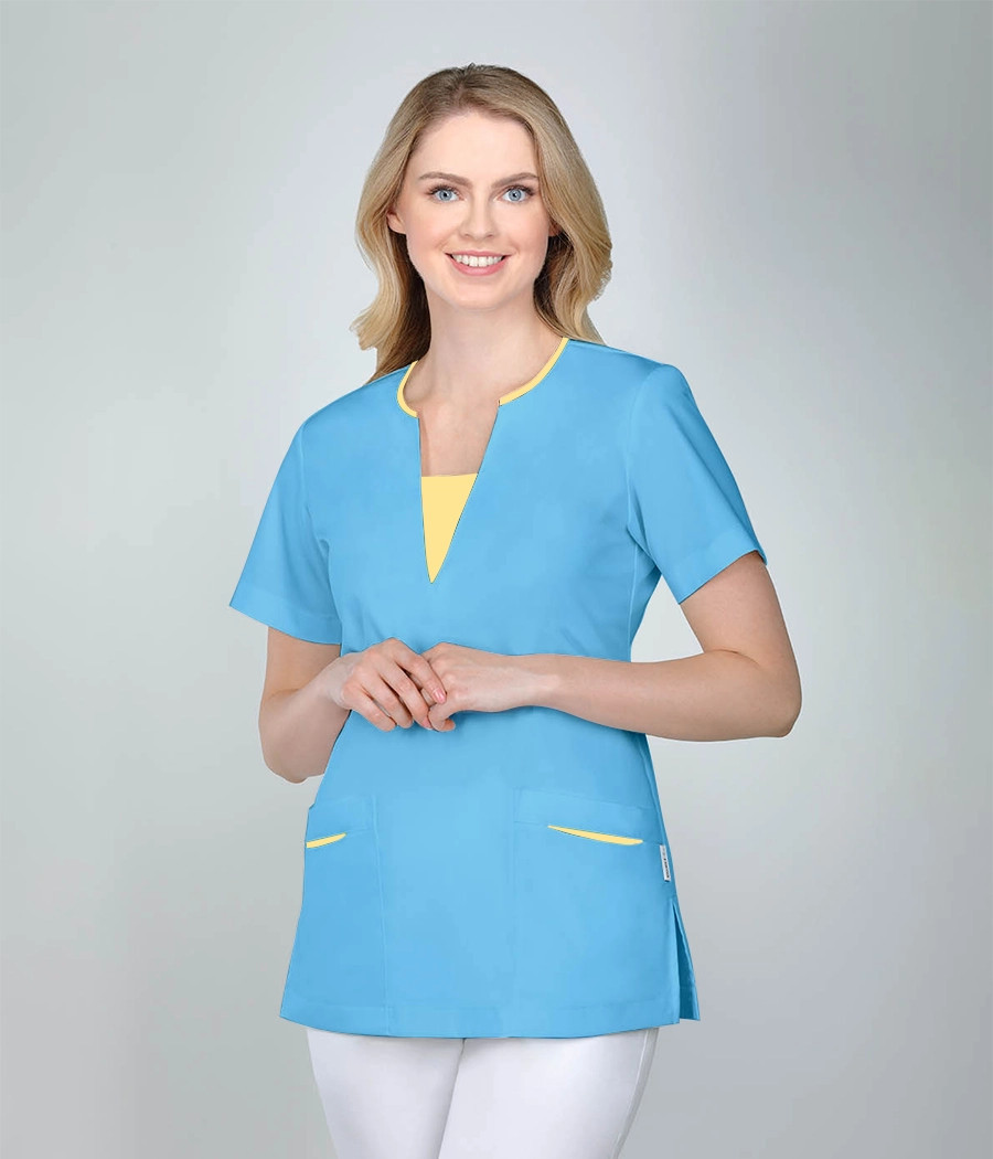 Bluza medyczna damska z ozdobnymi wstawkami 1809 tkanina w kolorze  lazurowym OP K15 i wstawki w kolorze  bananowym OP K12