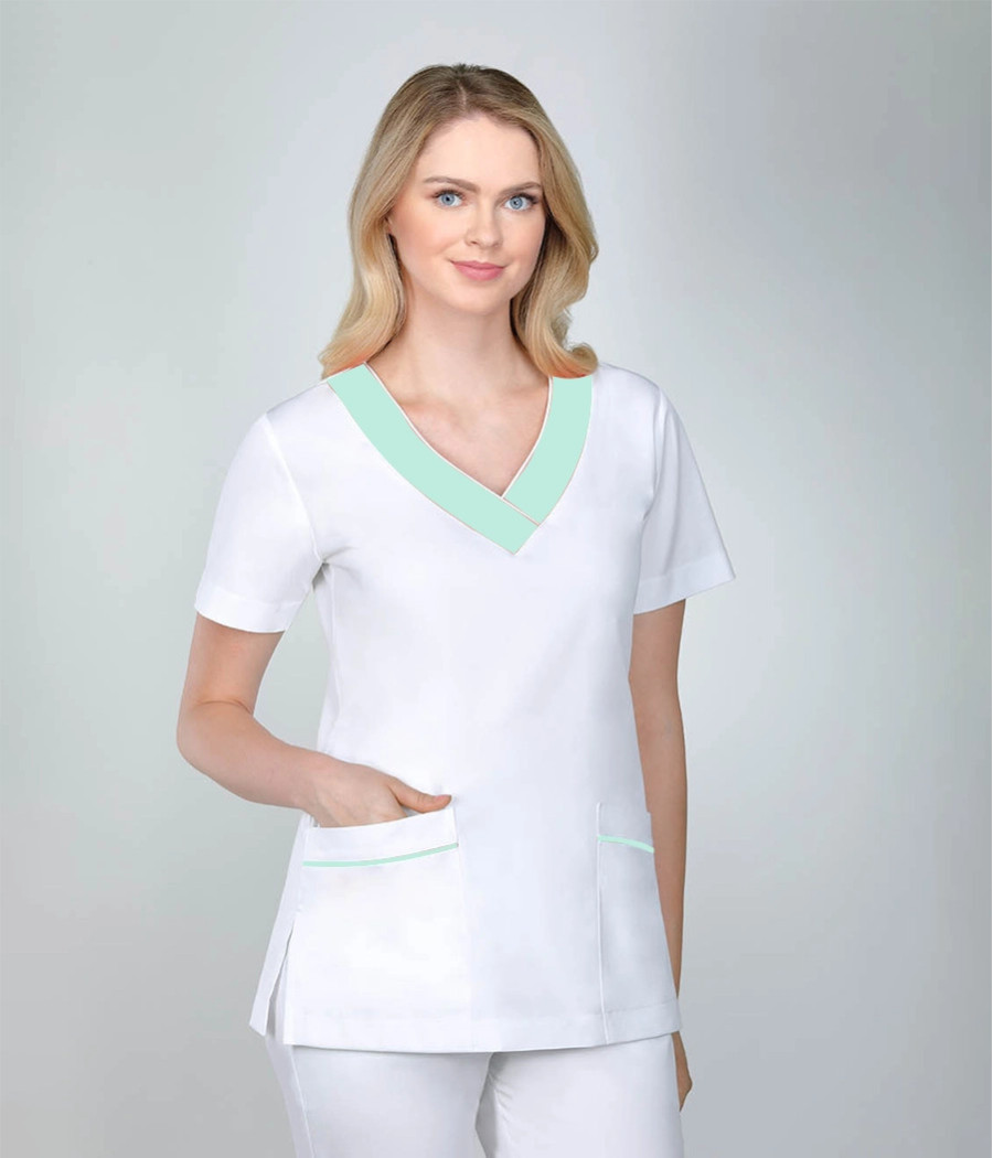 Bluza medyczna damska w dekolcie z ozdobną plisa 1810 tkanina w kolorze  białym OP K1 i wstawki w kolorze  seledynowym OP K5