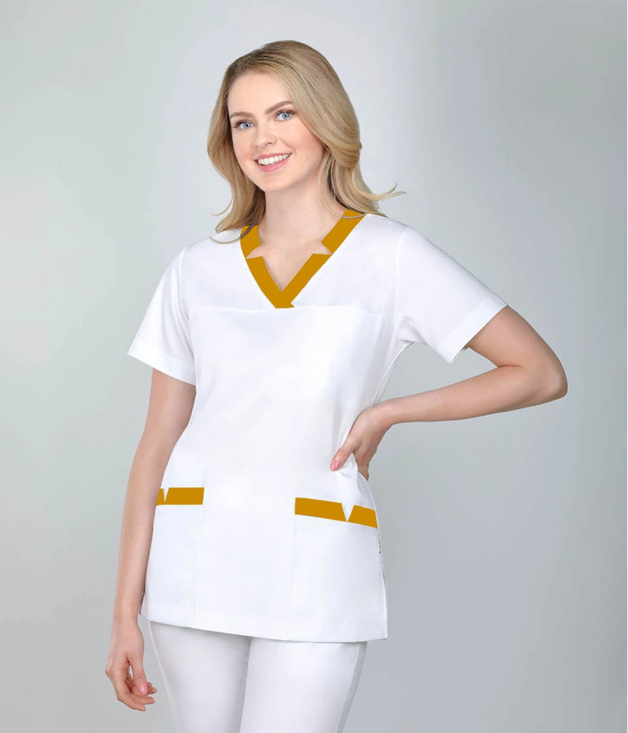 Bluza medyczna damska serek z ozdobnymi pliskami 1812  tkanina w kolorze białym OP K1 i wstawki w kolorze  miodowym ST K25
